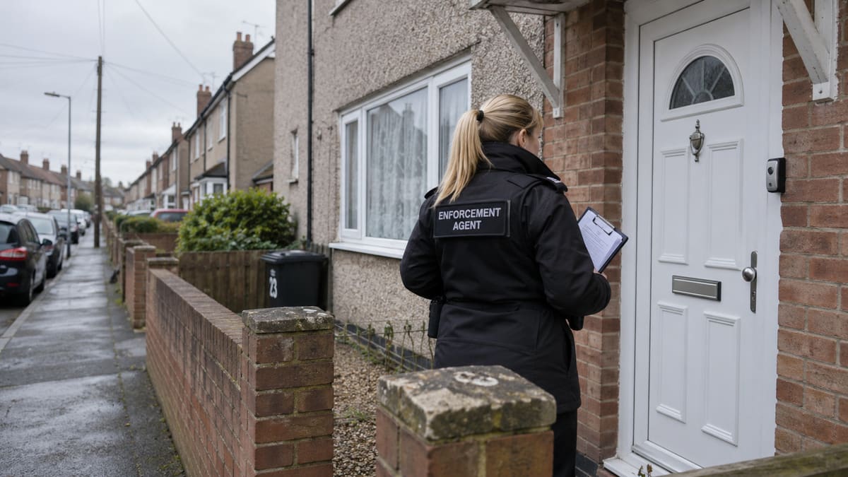 An enforcement agent in a black jacket stands facing the closed front door of a house, holding a clipboard.