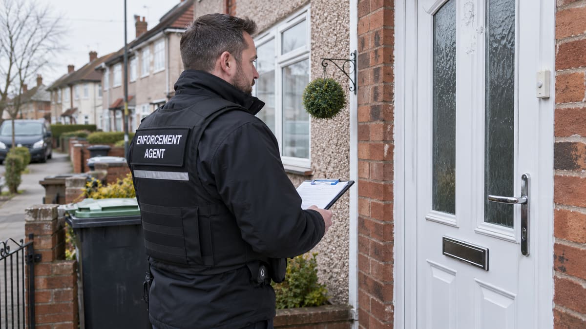An enforcement agent, seen from behind in a black vest marked Enforcement Agent, holds a clipboard outside the closed front door of a house.