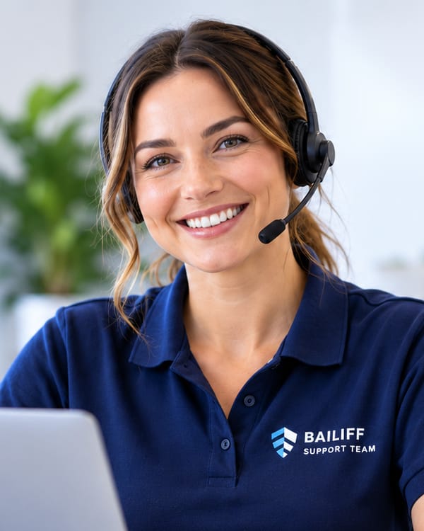 A woman in a Bailiff Support Team polo shirt and a headset, smiling at her desk